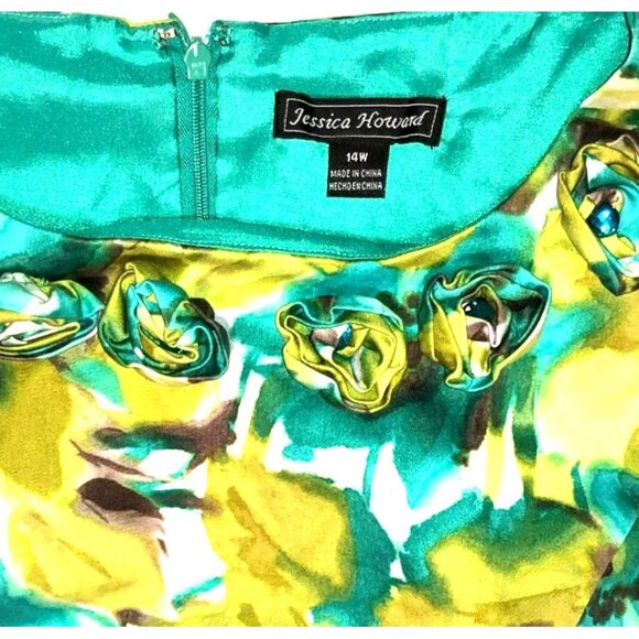 GREEN FLORAL PARTY DRESS SIZE 14 3D ROSE ACCENTS JESSICA HOWARD KNEE LENGTH - Picture 4 of 4